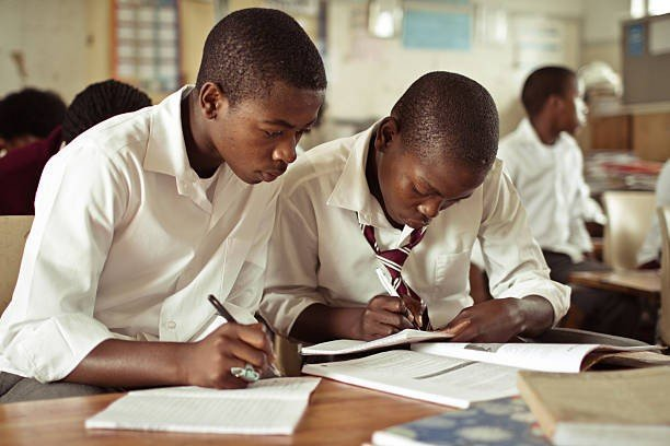 Two secondary students working attentively at their desks in a classroom